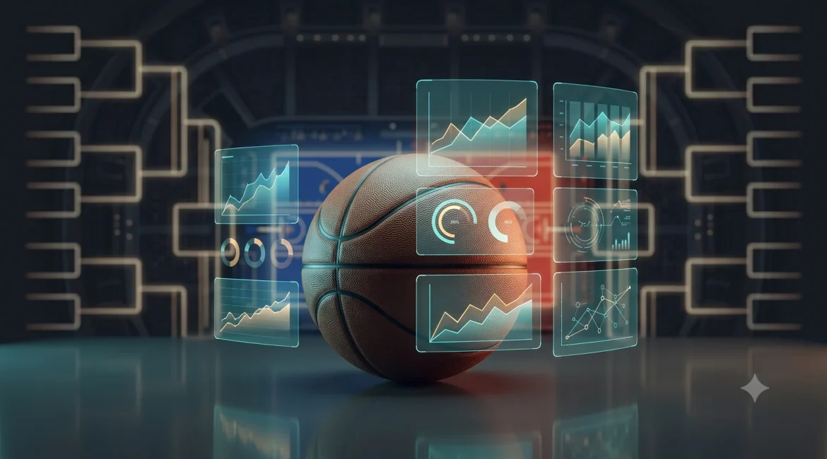 Basketball betting concept with a basketball and floating odds and data graphs