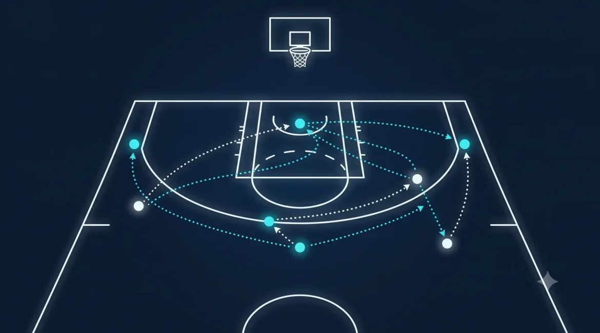 Basketball rules diagram showing five player positions and plays on a half-court