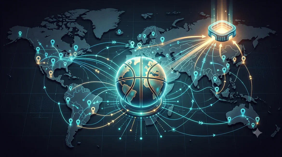 FIBA World Cup qualifiers globe-basketball with routes across a world map