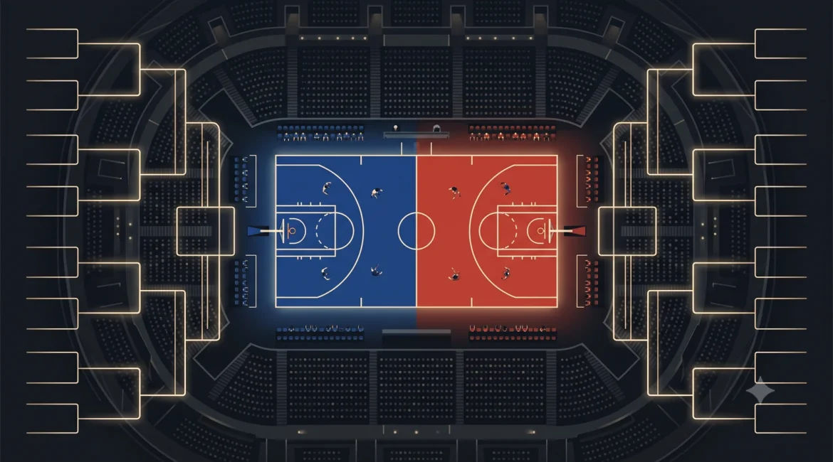 NBA format guide diagram showing Eastern and Western Conferences and playoff bracket