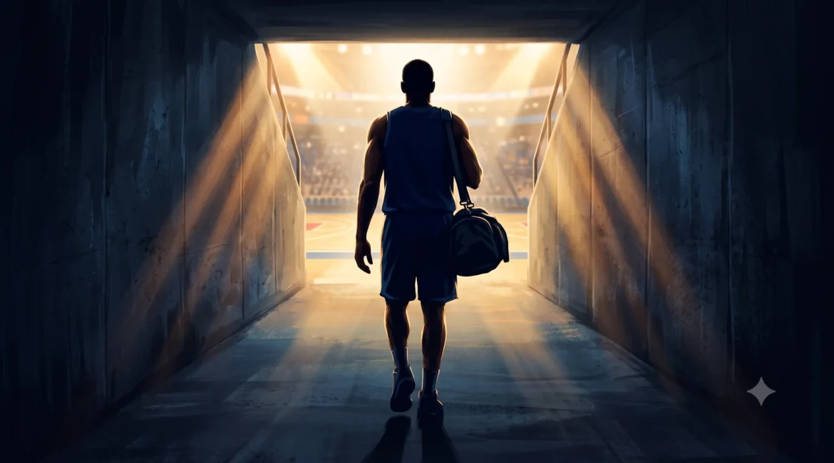NBA offseason player silhouette walking through an arena tunnel toward the court