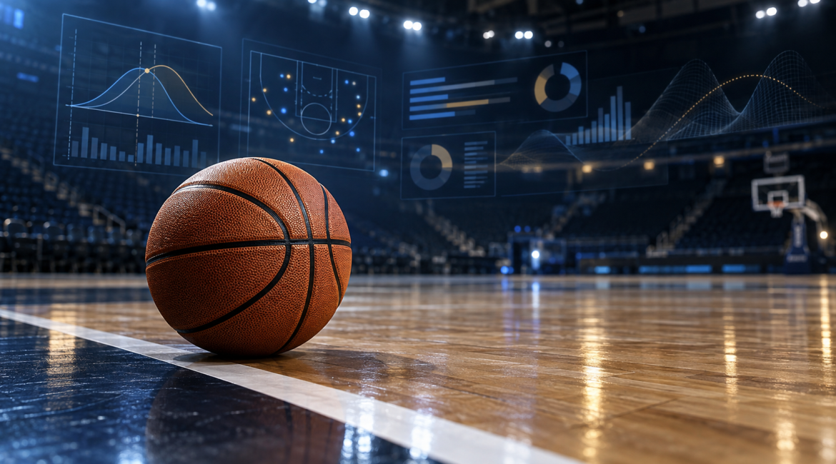Basketball with digital odds and statistical charts representing betting markets