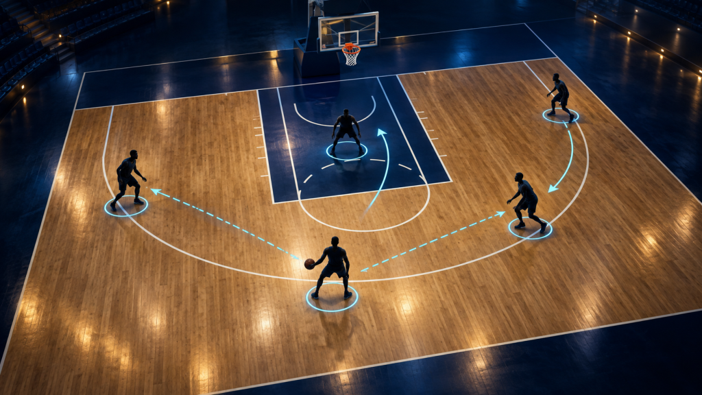 Half-court basketball diagram showing five player positions and movement routes