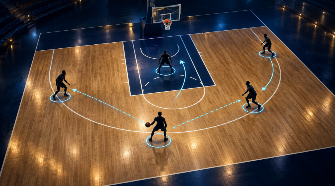 Half-court basketball diagram showing five player positions and movement routes