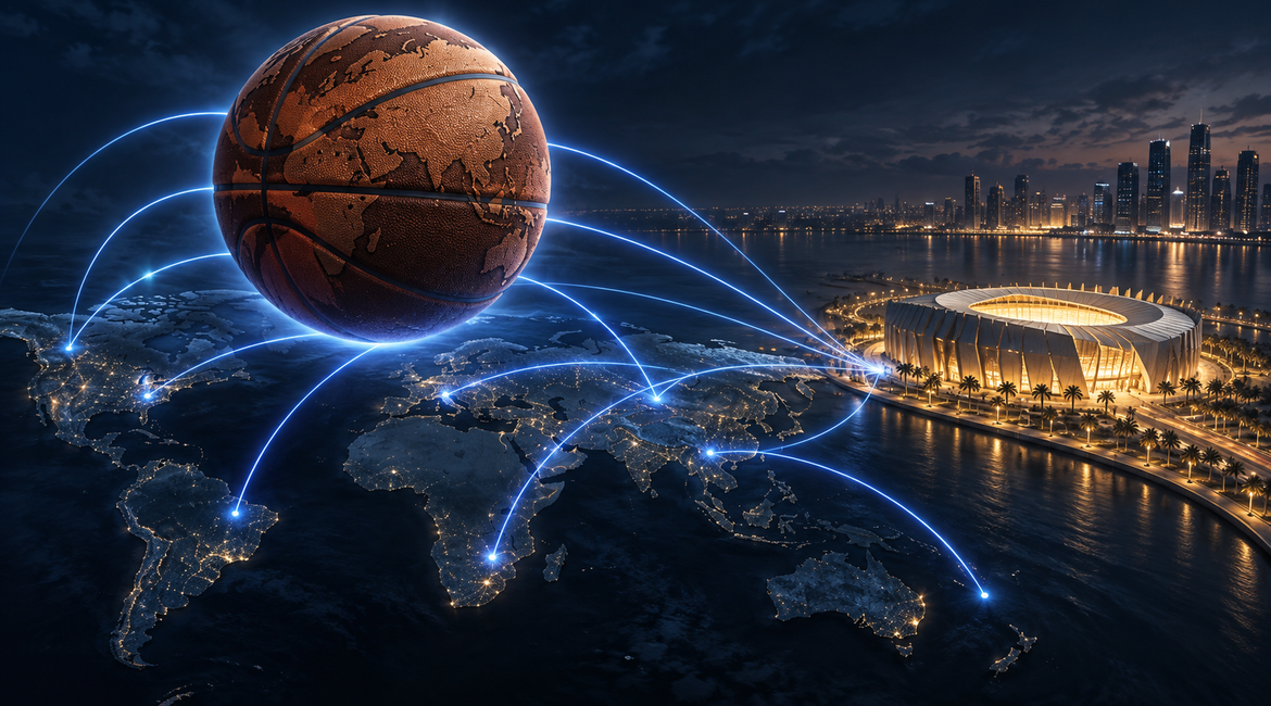 Globe-shaped basketball over a world map with international qualification routes
