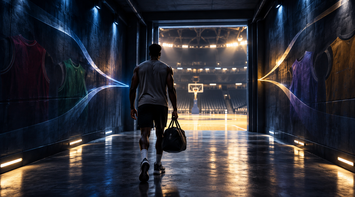 Basketball player silhouette walking through an arena tunnel towards the court