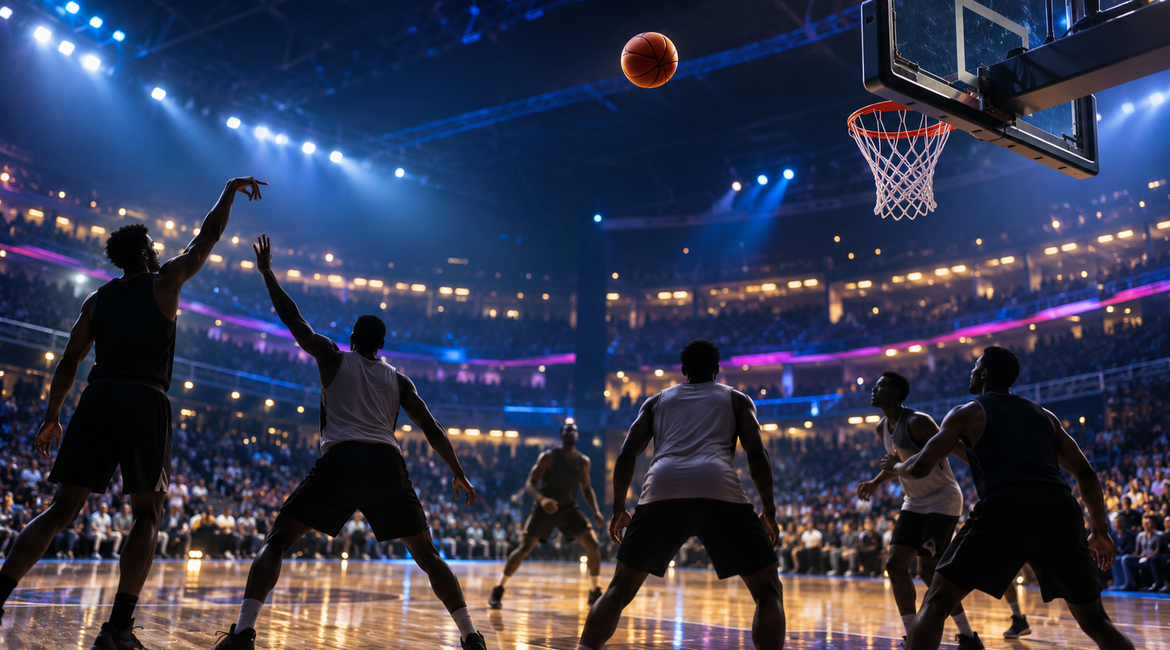 Basketball arcing towards the hoop under bright arena lights