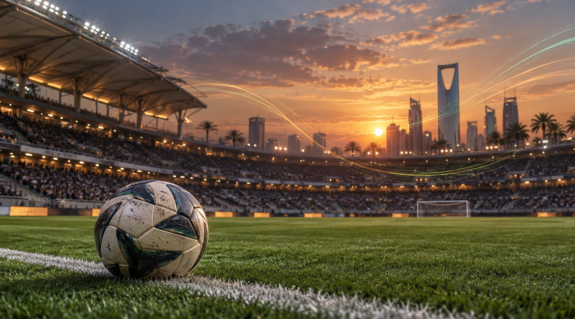 Football on grass in a modern Saudi stadium with palm trees at sunset
